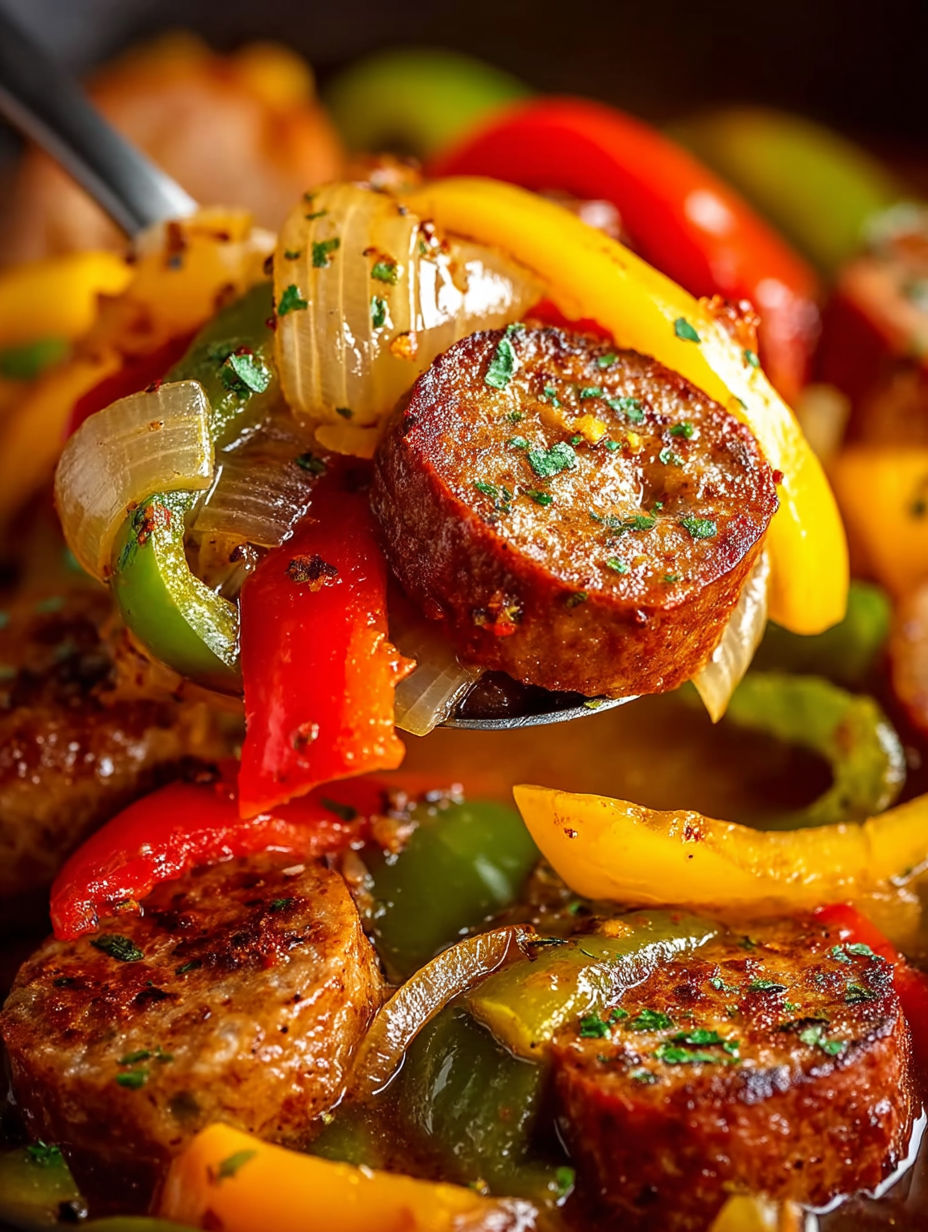 A close up of a sausage and peppers dish.