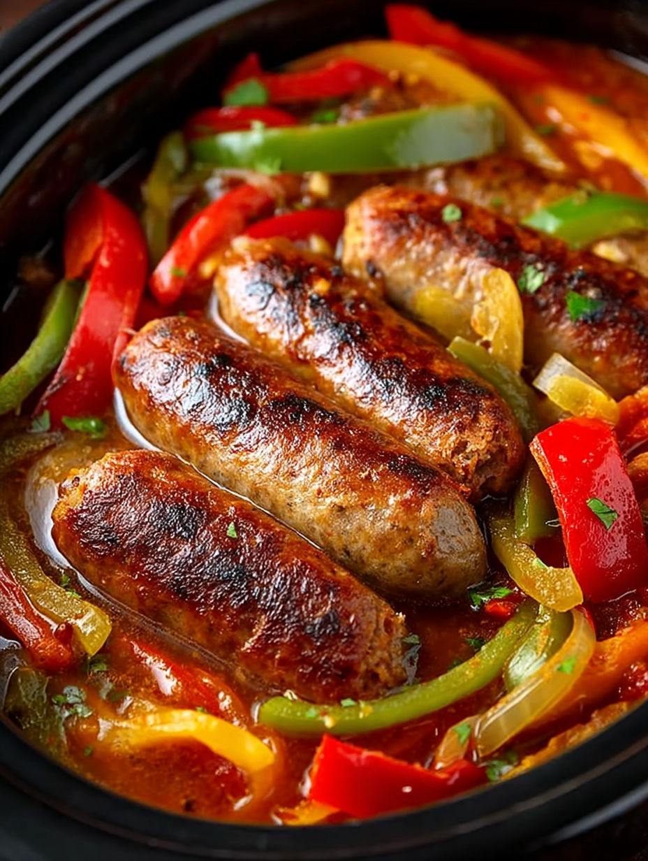 A crock pot filled with sausage and peppers.