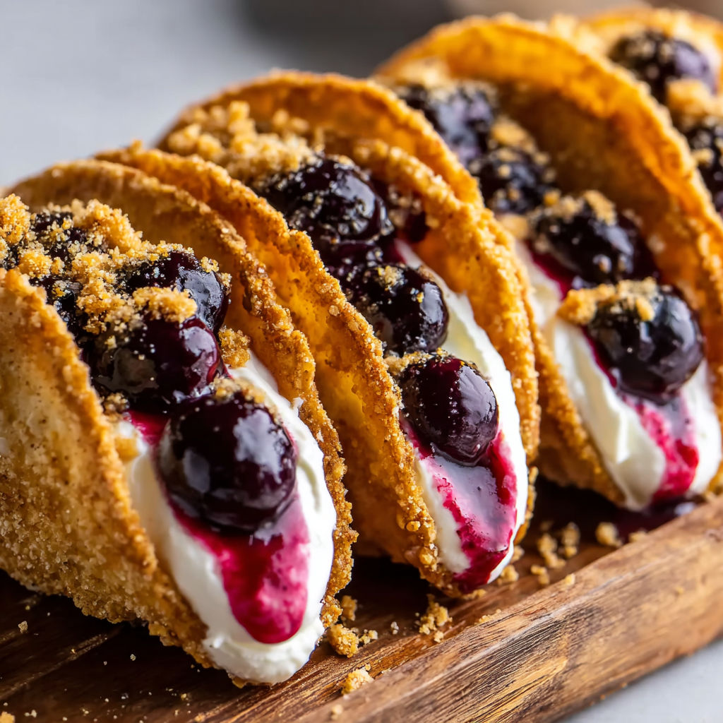 A close up of a blueberry cheesecake taco shell.