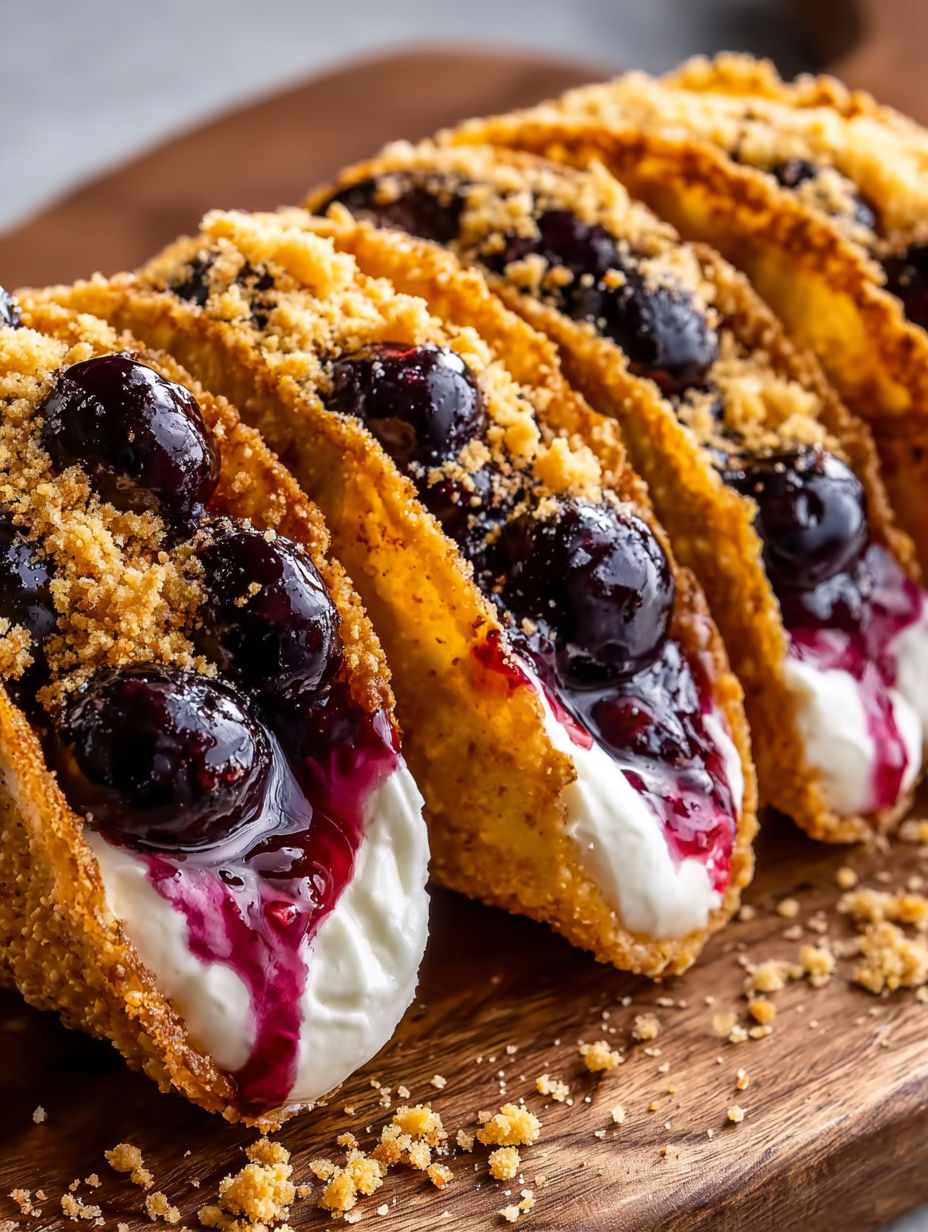 A taco shell with blueberries and whipped cream.