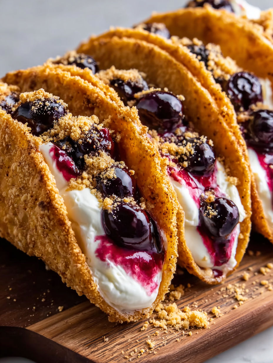 A close up of a blueberry cheesecake taco shell.
