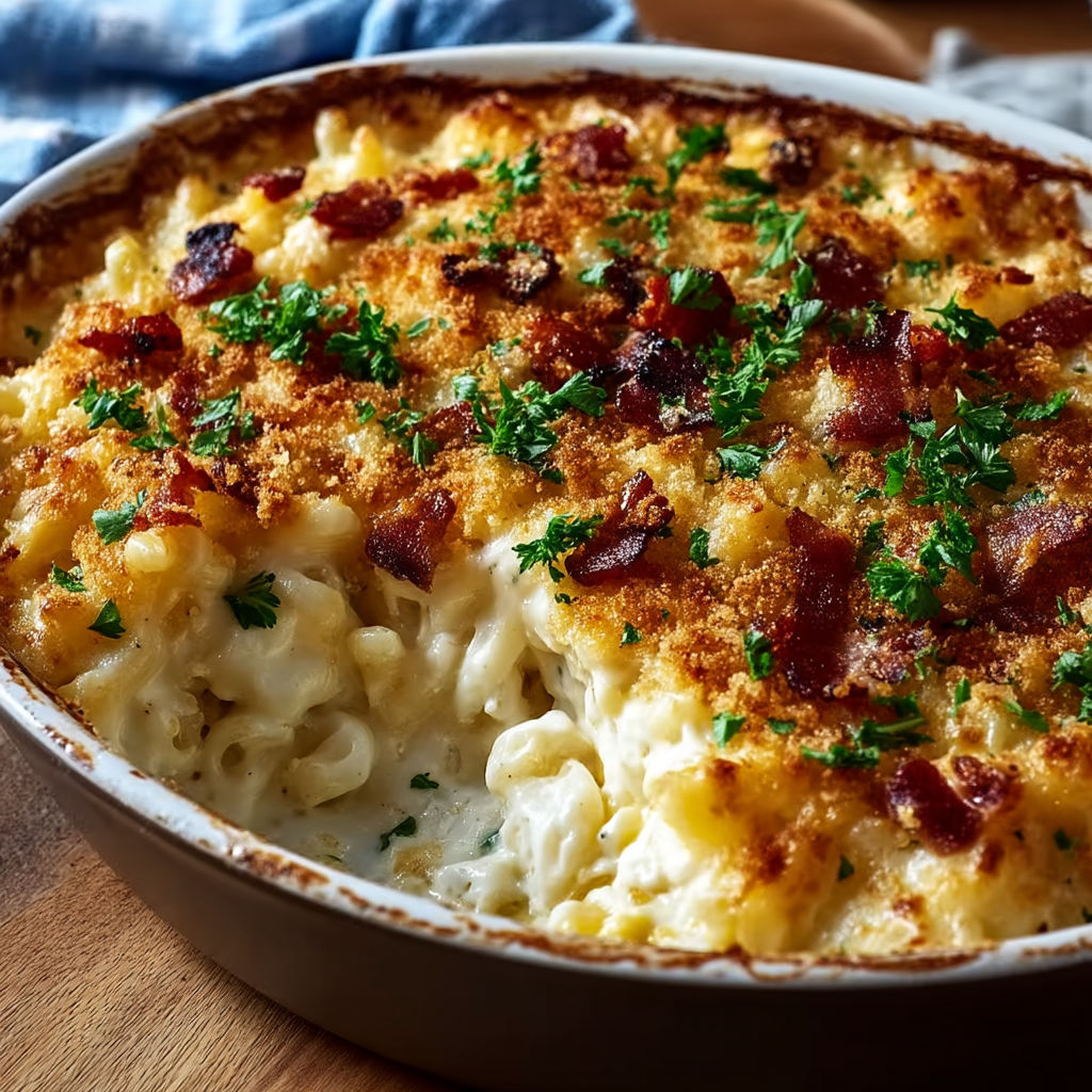 A casserole with bacon and cheese.