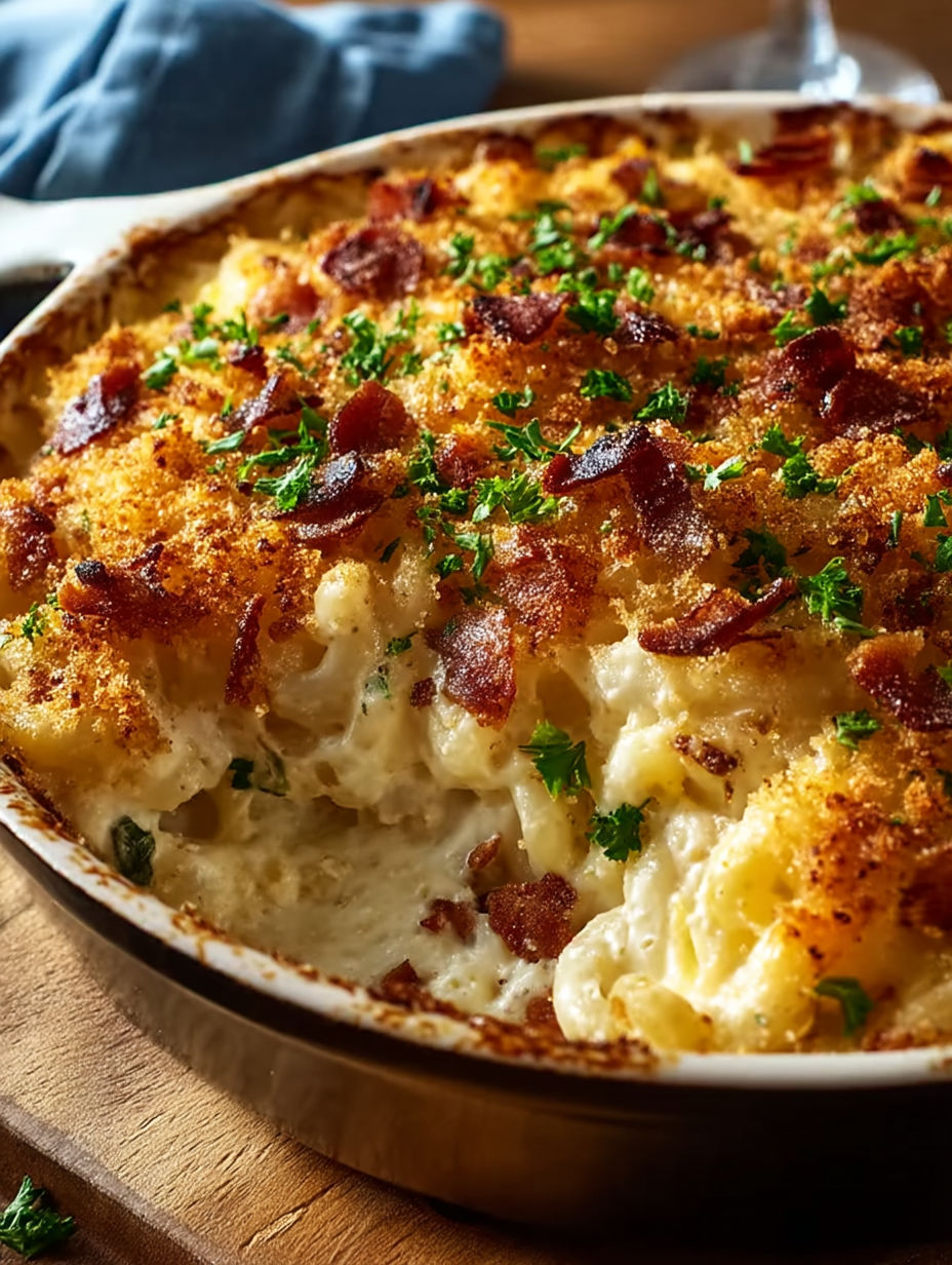 A casserole with bacon and cheese.