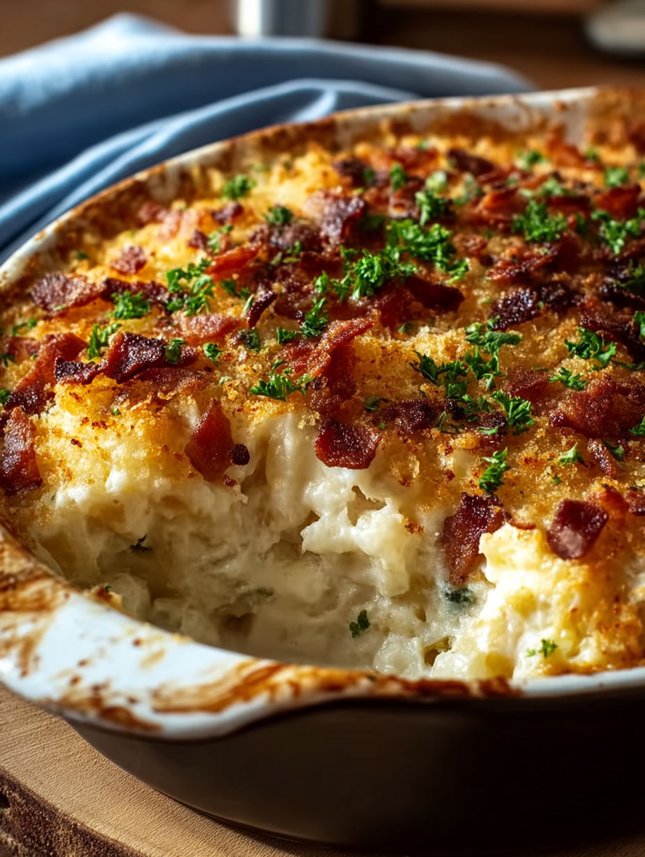 A casserole with bacon and cheese.