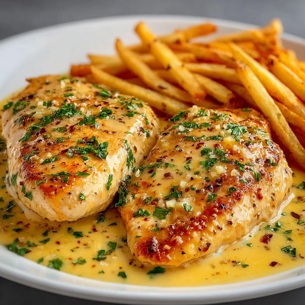 A plate of chicken with garlic and Parmesan.