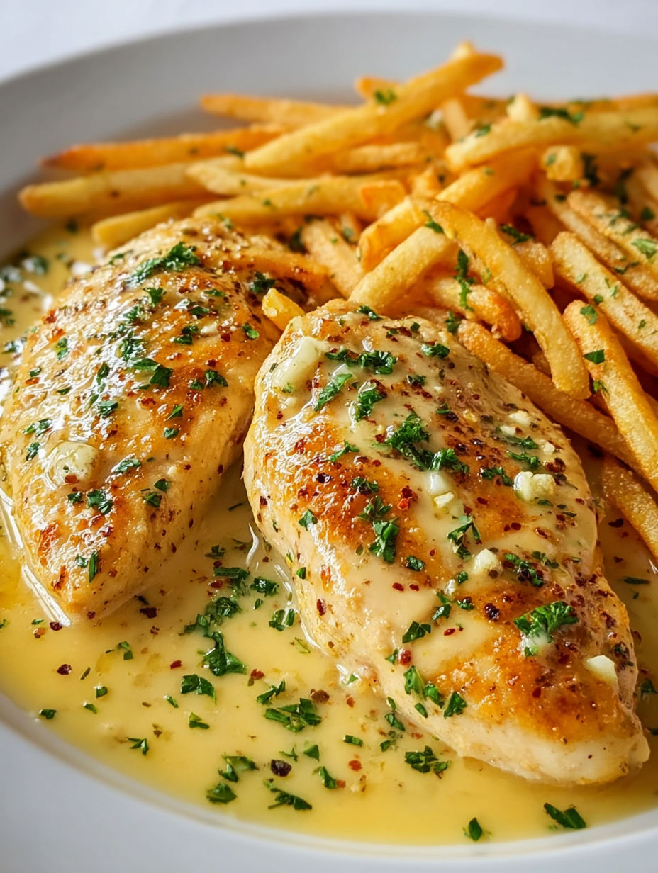 A plate of garlic parmesan chicken with fries.