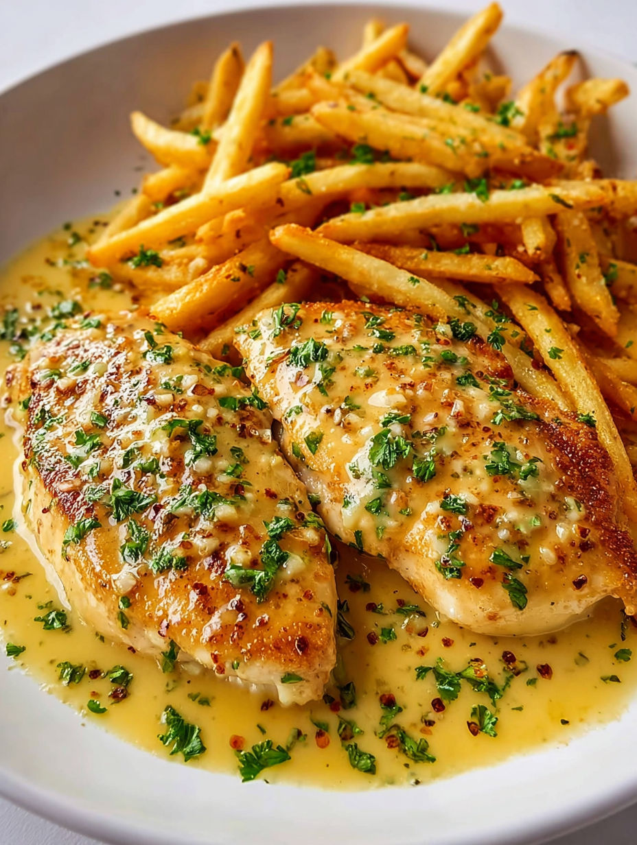 A plate of garlic Parmesan chicken with fries.