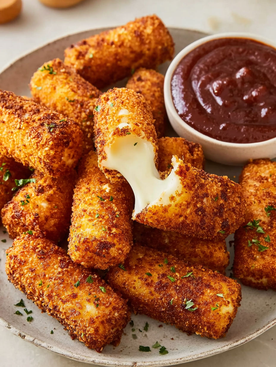 A plate of crispy Nashville hot mozzarella sticks.