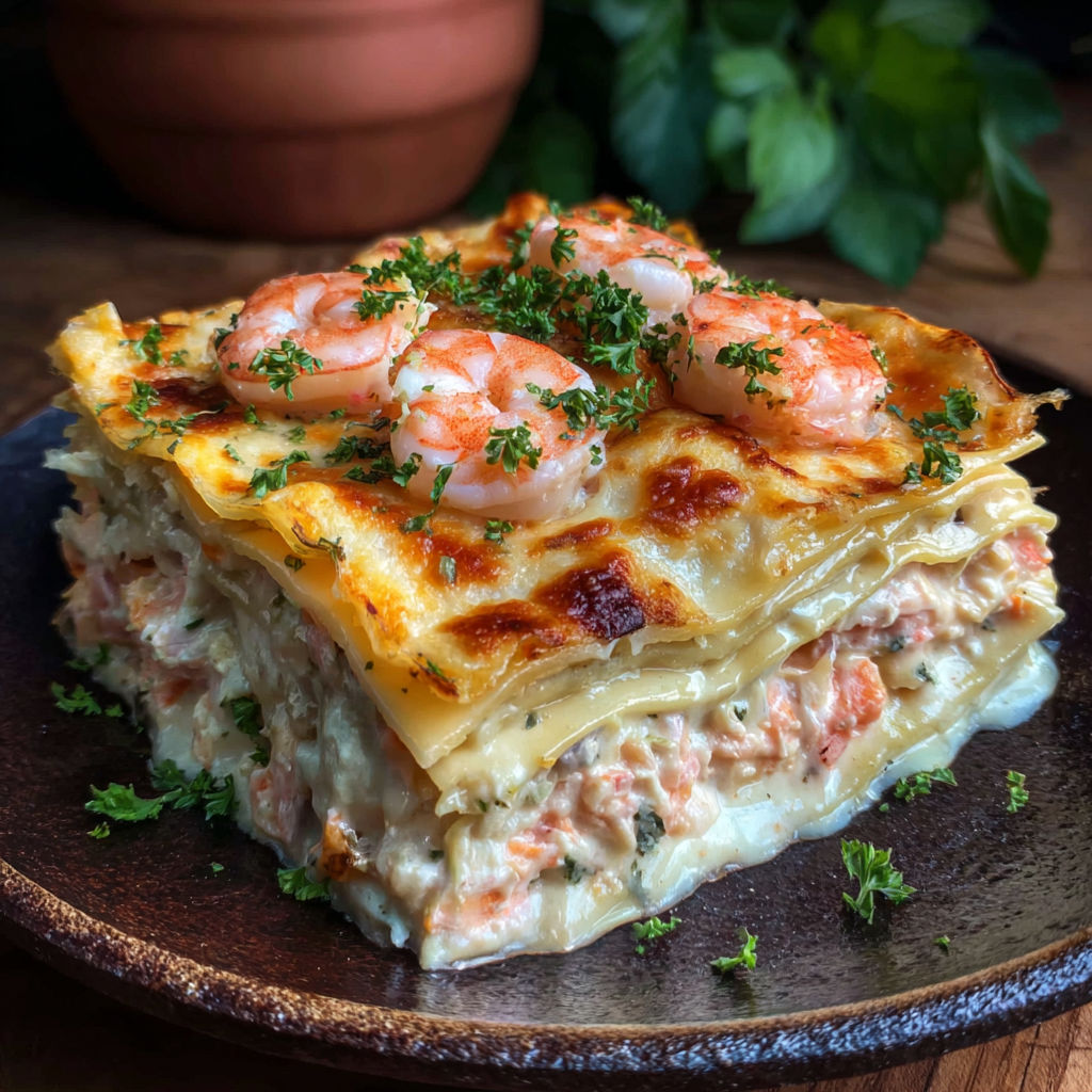 A seafood lasagna with shrimp and crab.