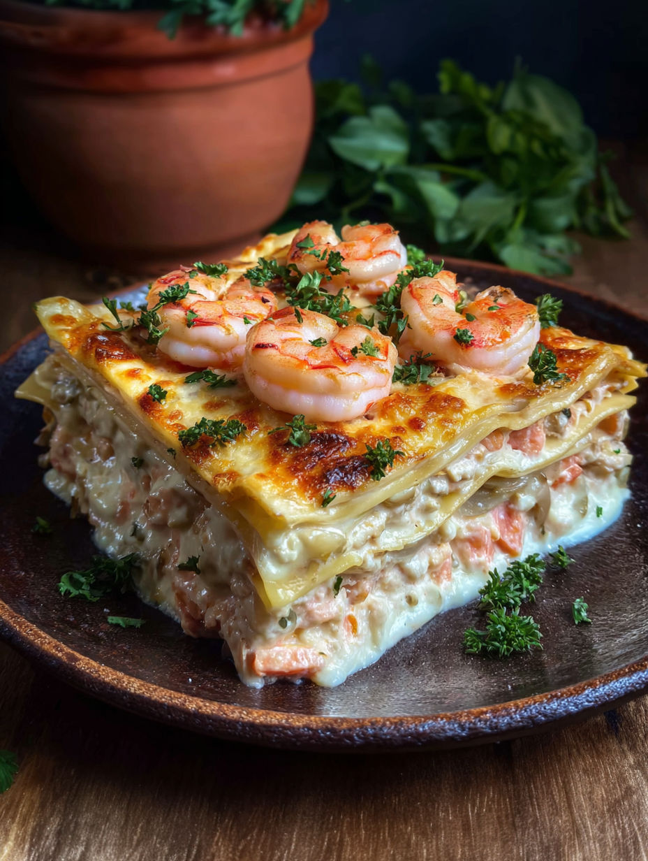 A seafood lasagna with shrimp and crab on top.