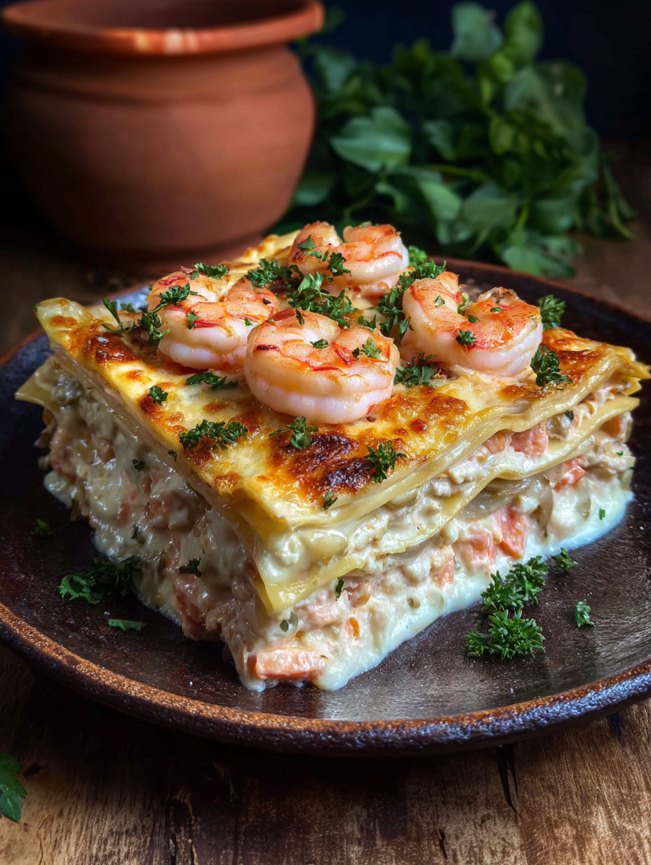A seafood lasagna with shrimp and crab on top.