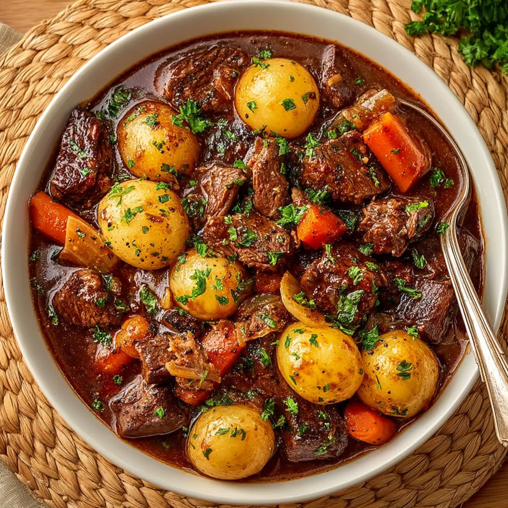 A bowl of beef stew with potatoes and carrots.