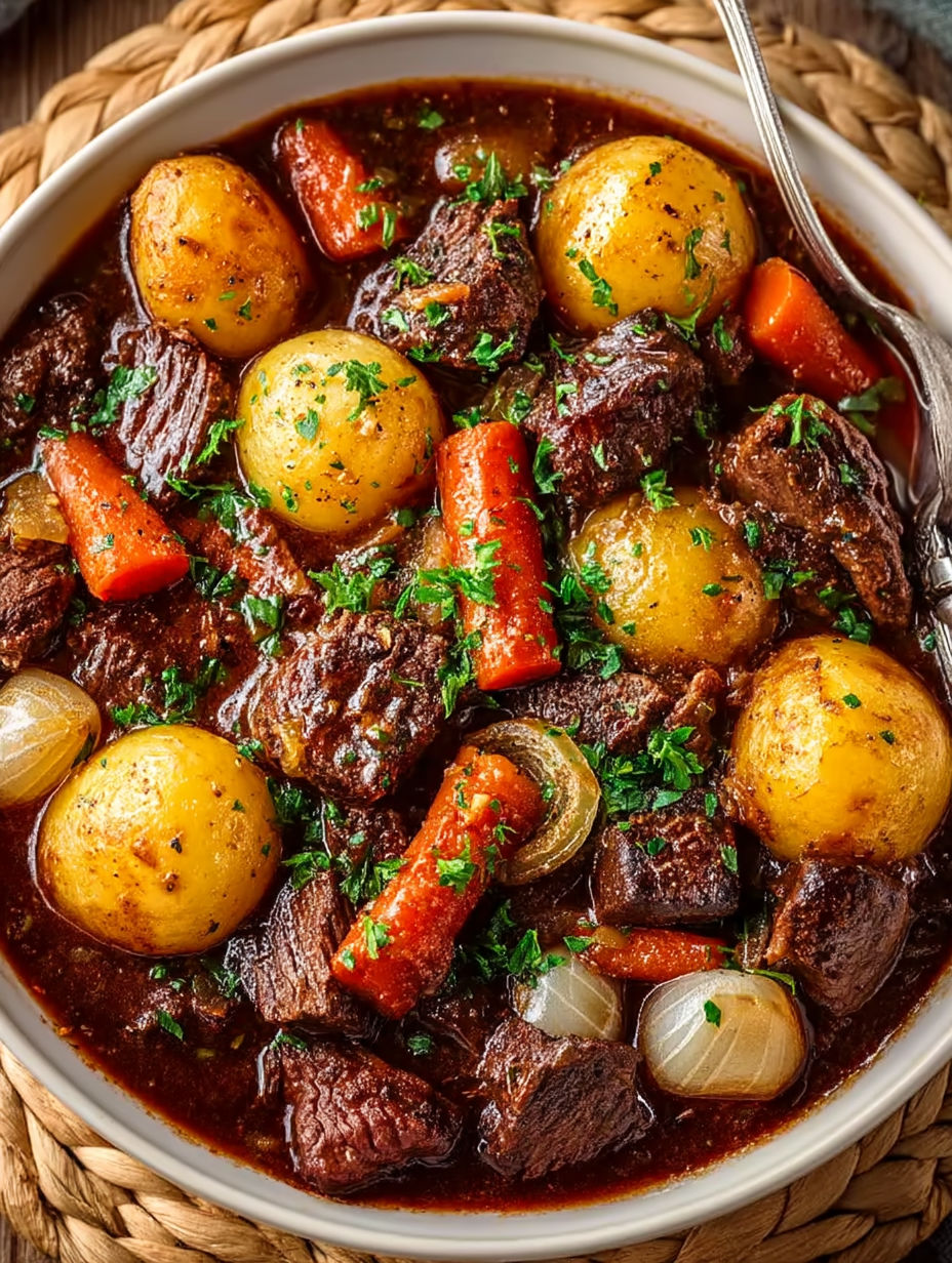 A close up of a crockpot filled with beef bourguignon.