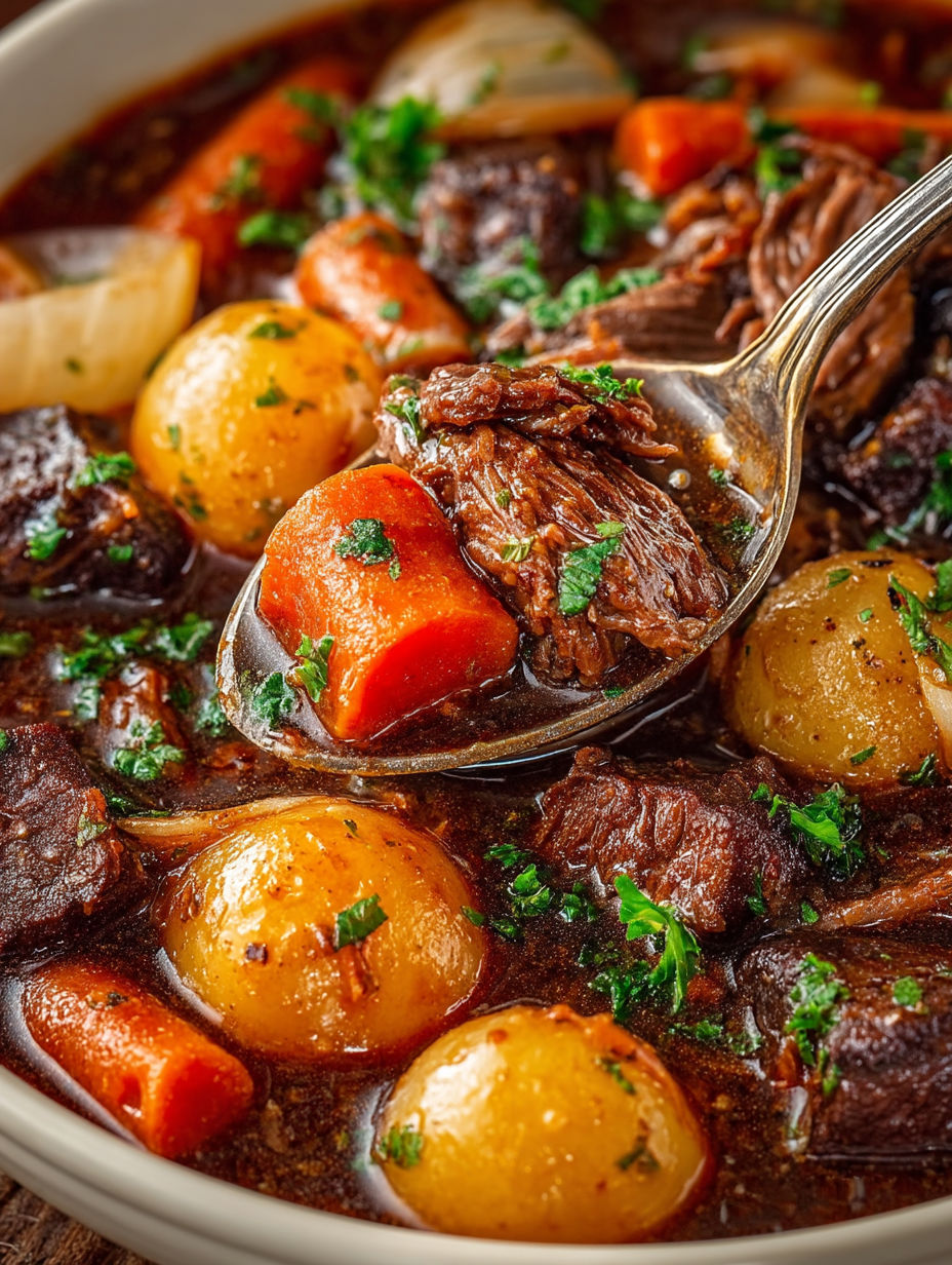 A spoon in a bowl of beef bourguignon.