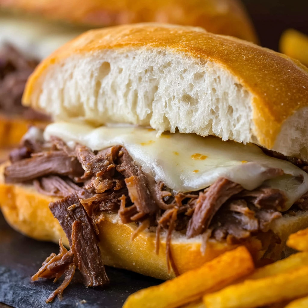 A crock pot French dip sandwich with cheese and meat.