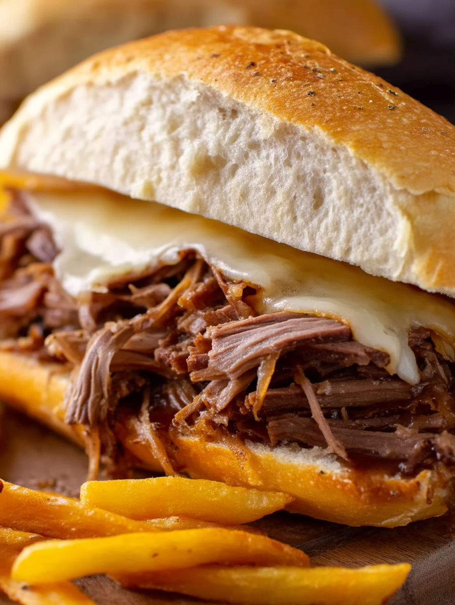 A close up of a crock pot French dip sandwich.