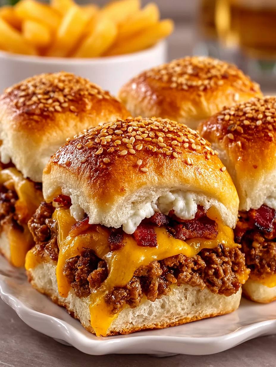 Four bacon cheeseburger sliders on a plate.