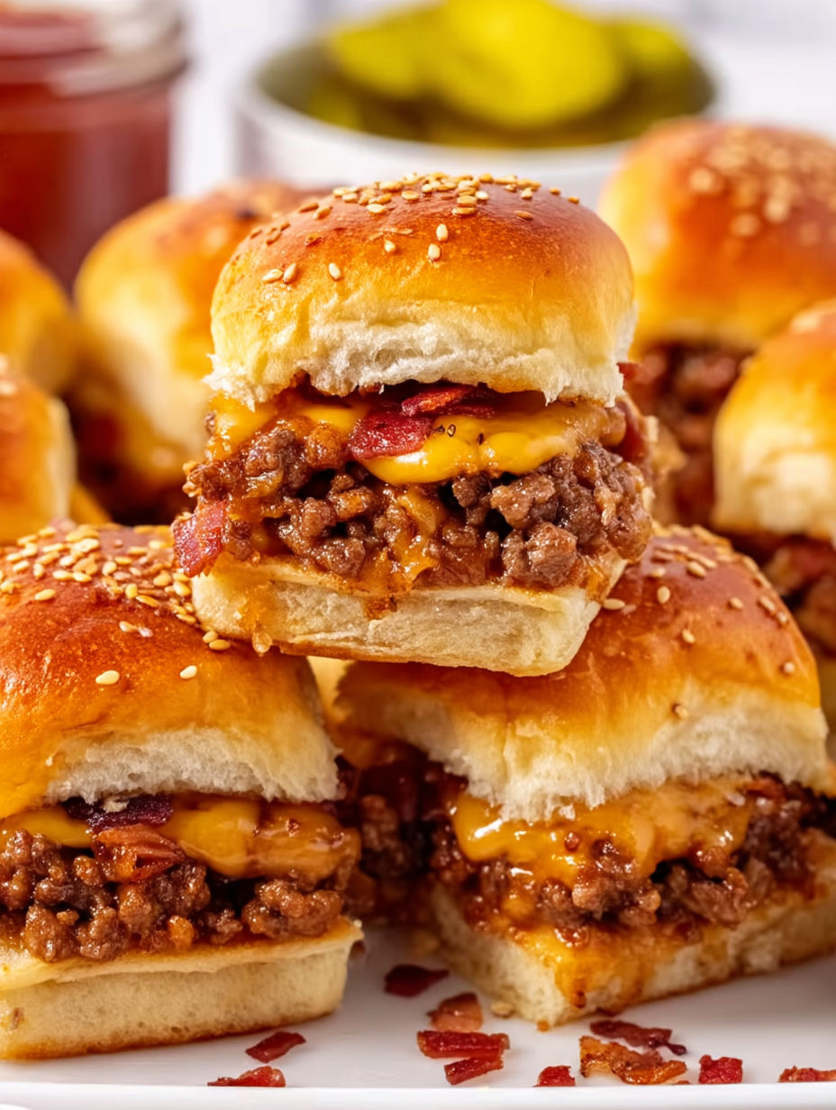 A stack of bacon cheeseburger sliders.