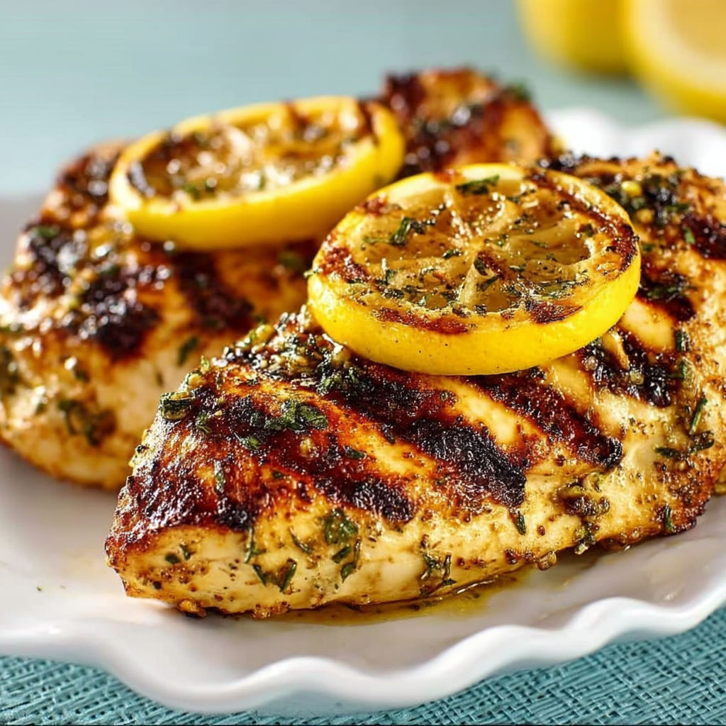 Grilled Italian Lemon Garlic Chicken with lemon slices on top.