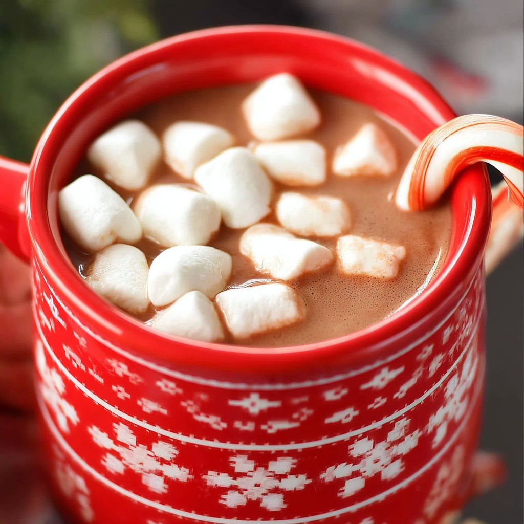 A red mug filled with marshmallows and chocolate.