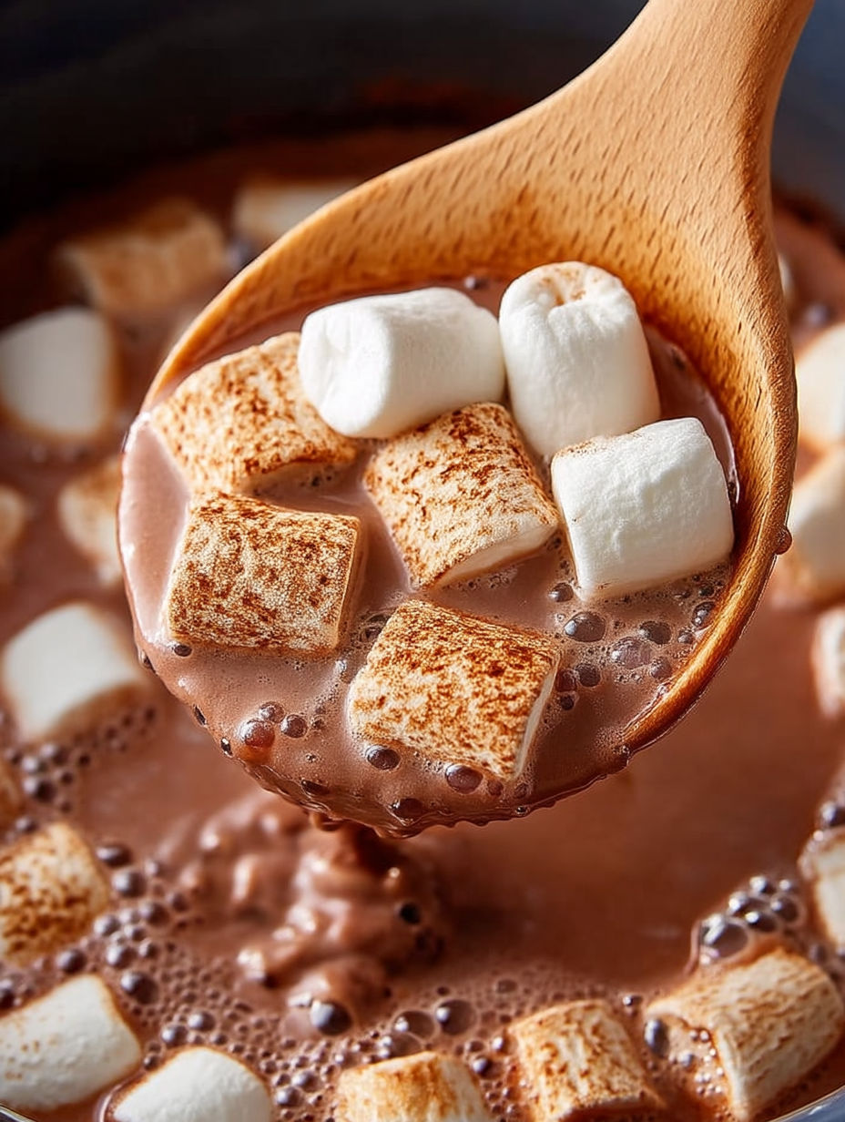 A wooden spoon in a crock pot filled with hot chocolate.