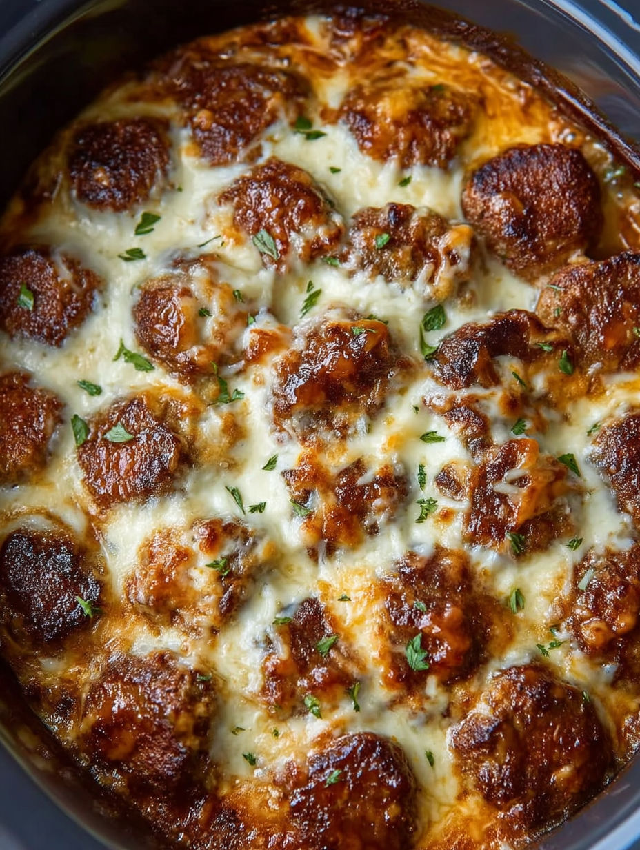 A close up of a crock pot full of meatballs.
