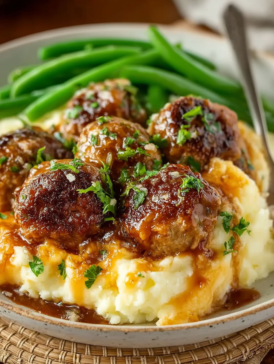 A plate of meatballs and green beans.