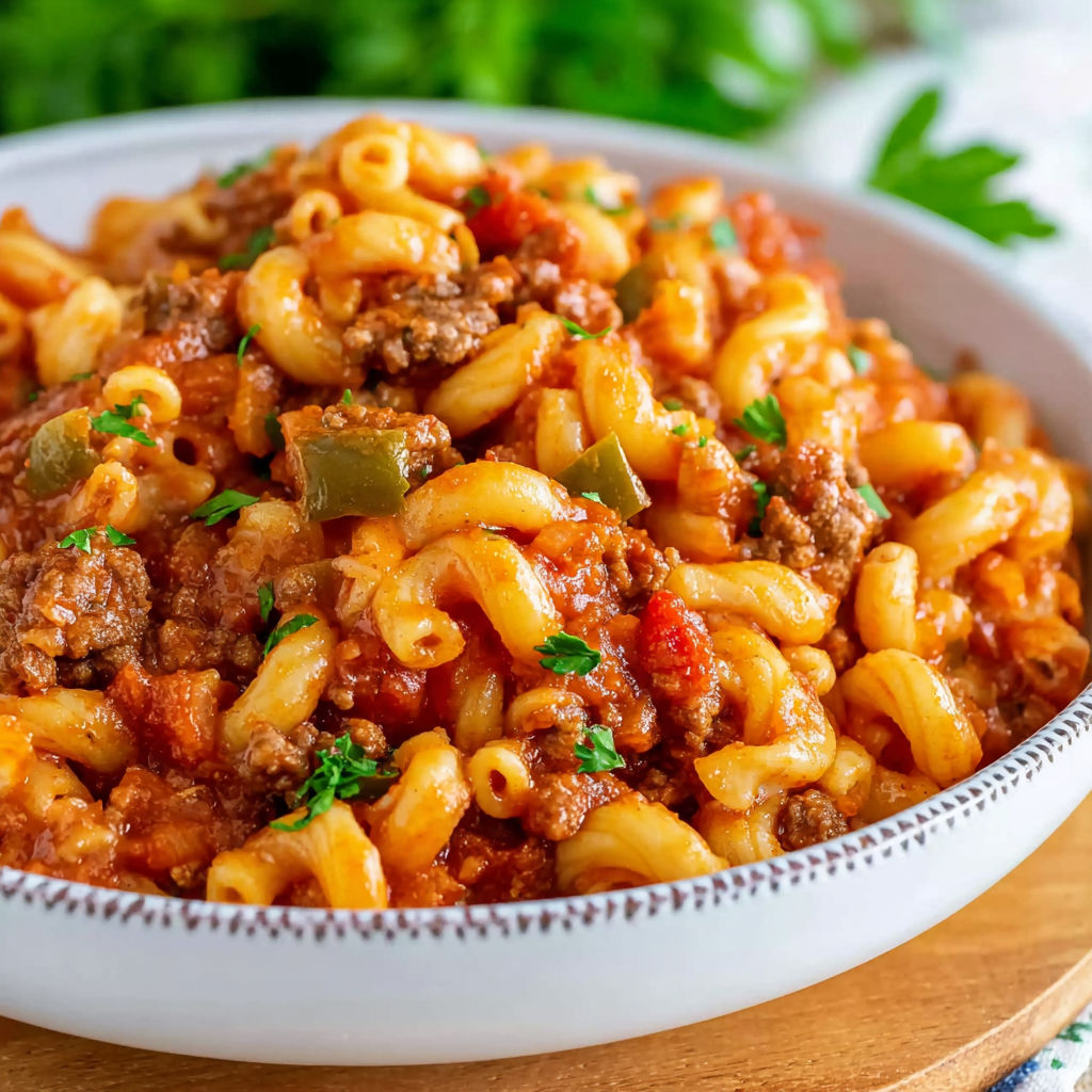 A bowl of American Goulash with pasta and meat.