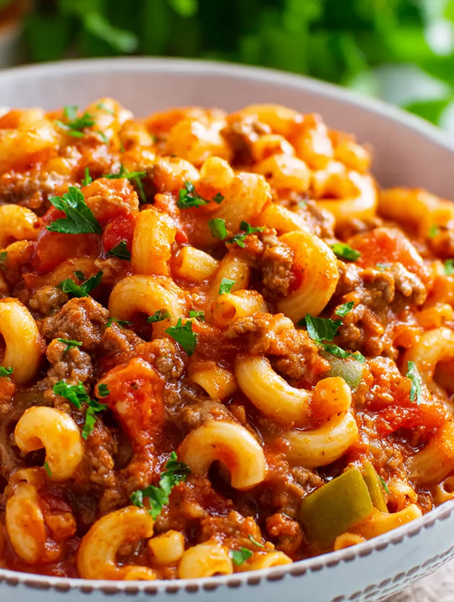A bowl of American Goulash with noodles and meat.