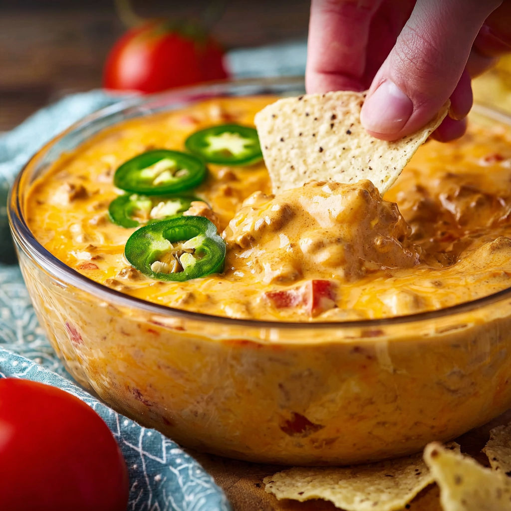 A hand is grabbing a tortilla chip from a bowl of smoked queso dip.