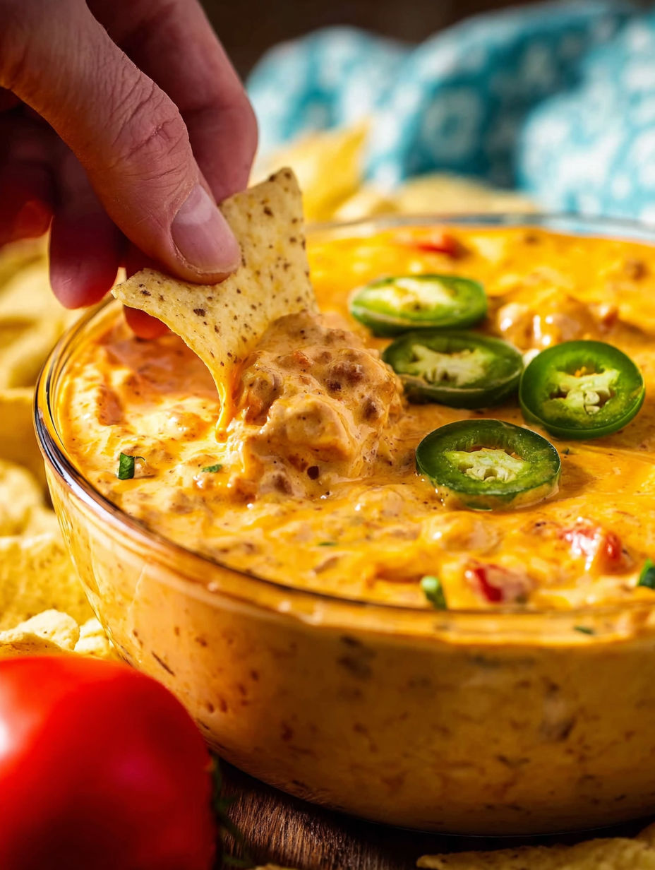 A hand is grabbing a tortilla chip from a bowl of smoked queso dip.