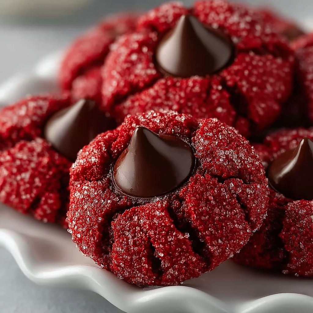 A plate of red velvet cookies with chocolate drizzled on top.