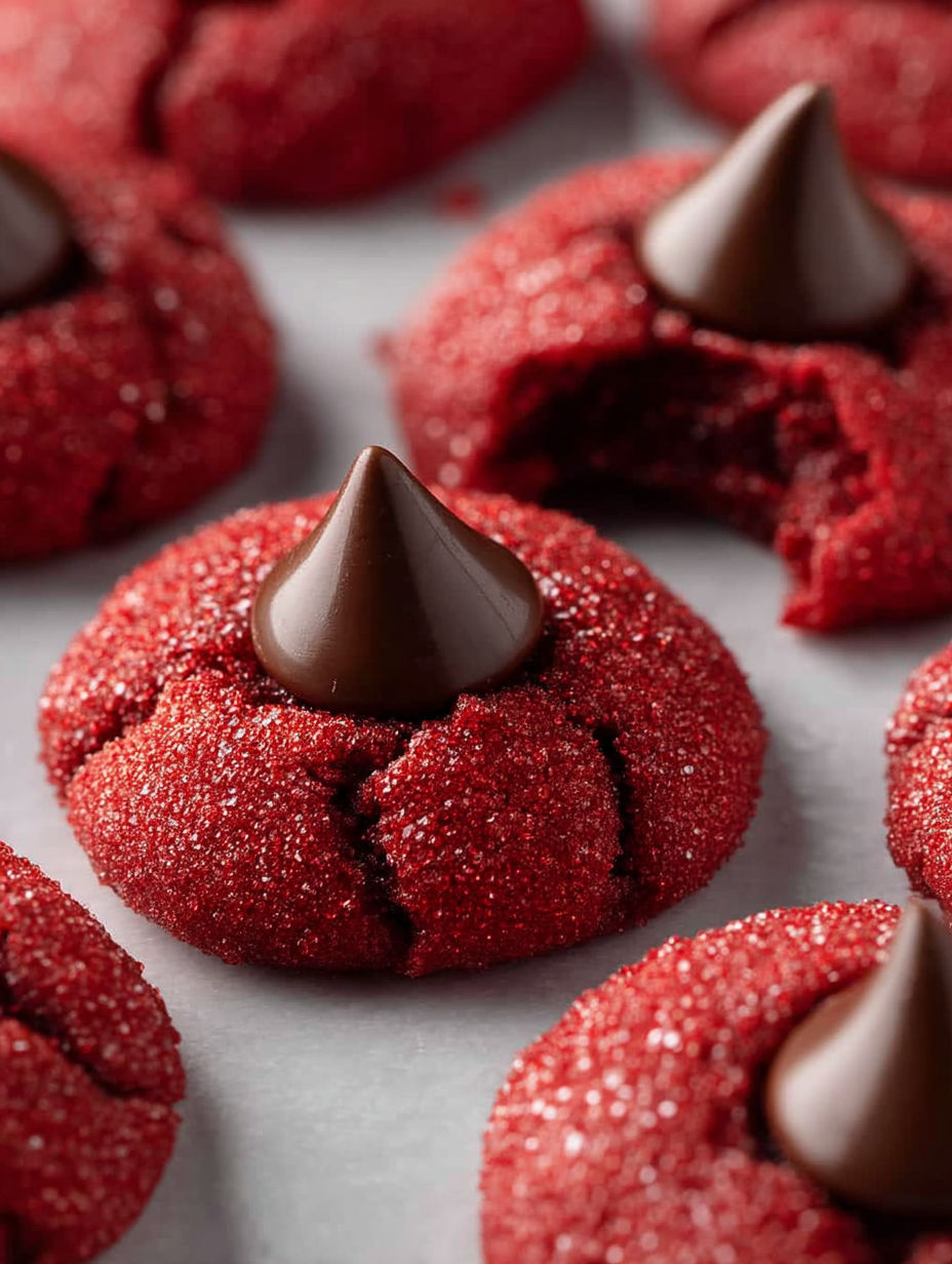 Red velvet cookies with chocolate drizzle.