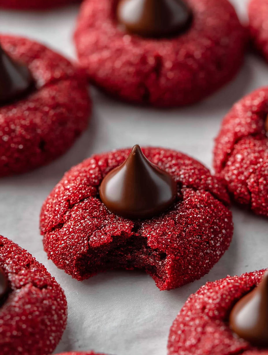 A close up of a red velvet cookie with a chocolate drizzle.