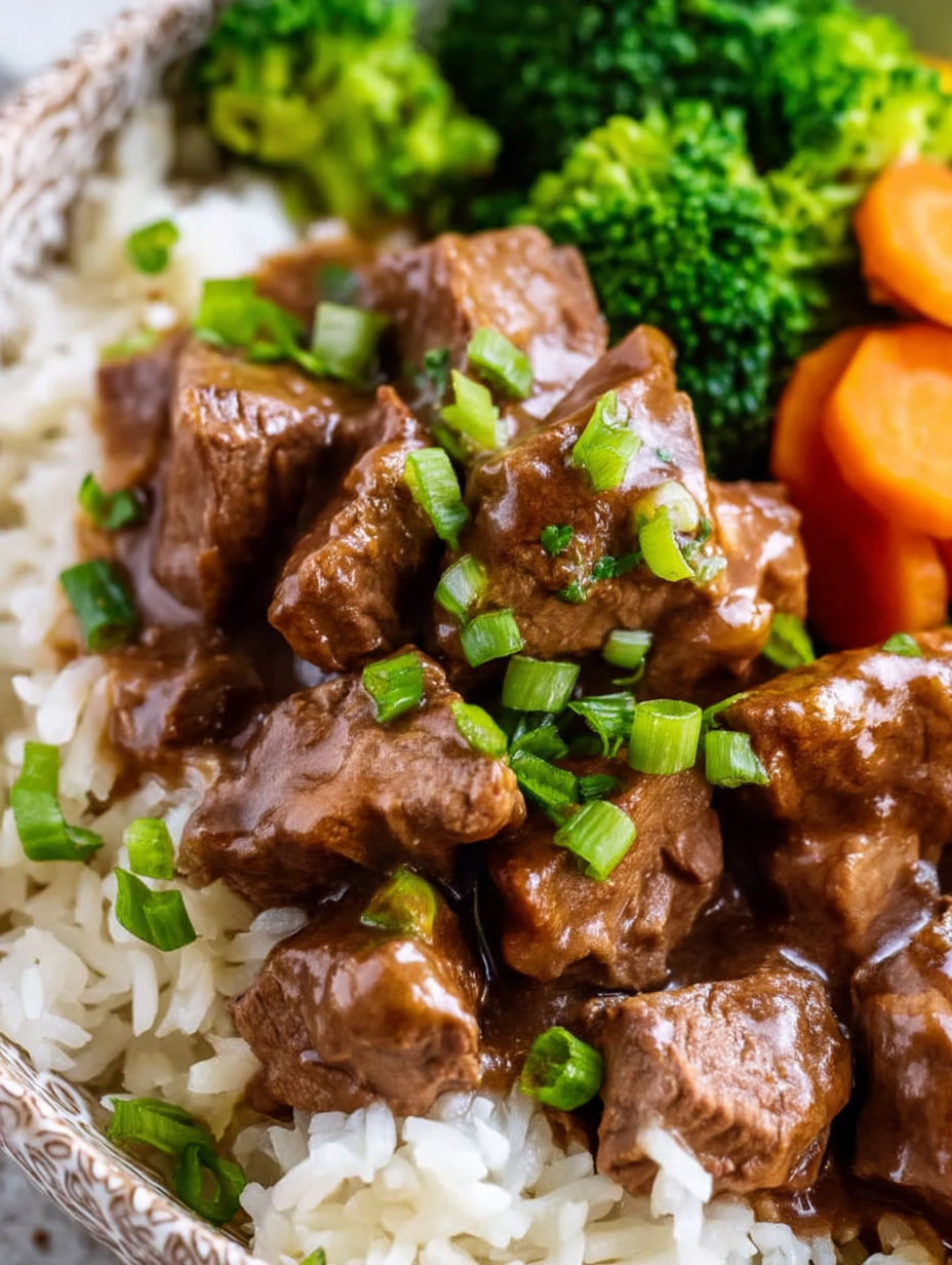 A close up of a delicious crock pot beef tips and gravy.