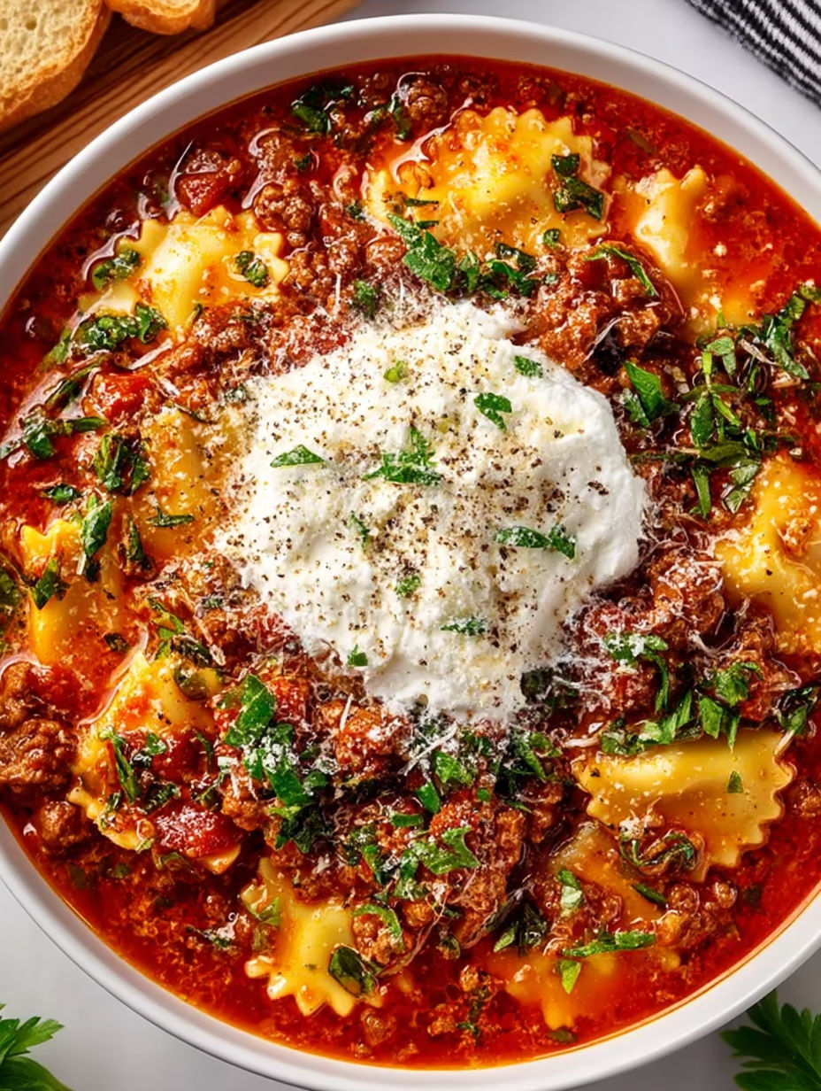 A bowl of crockpot lasagna soup.