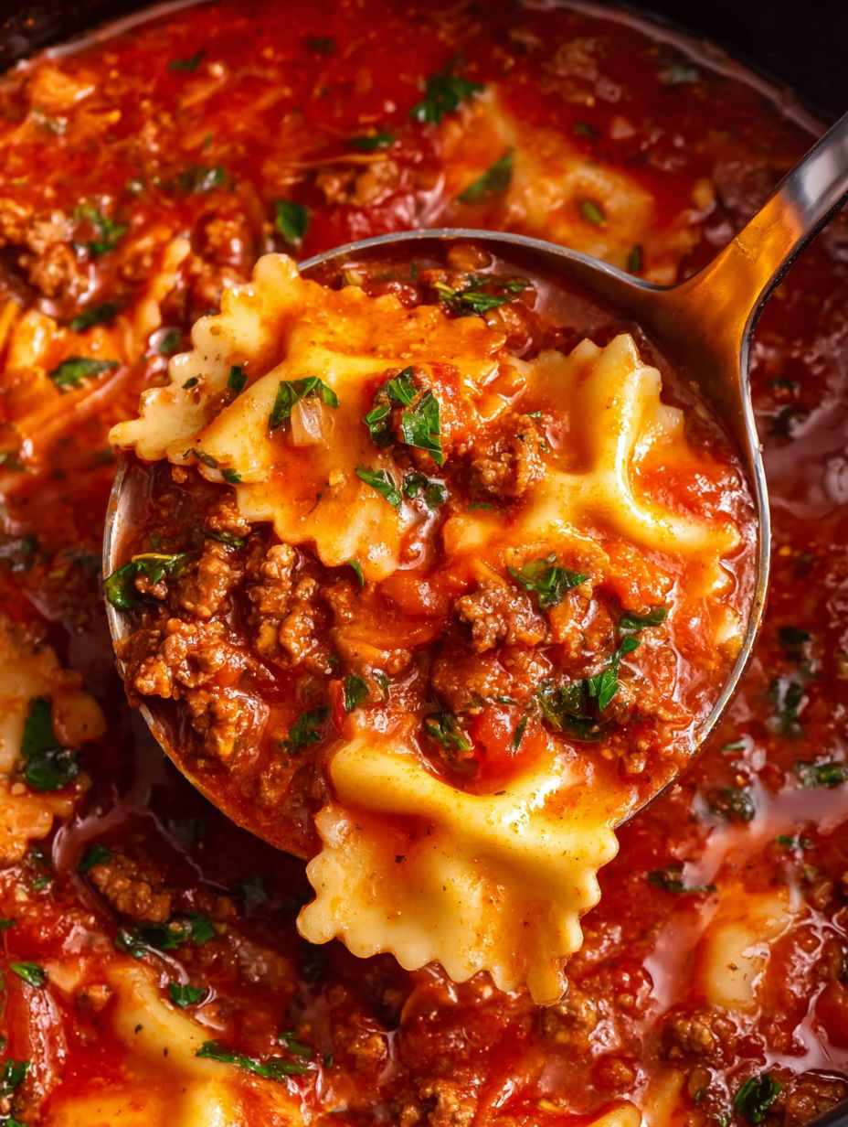 A spoon full of lasagna soup.