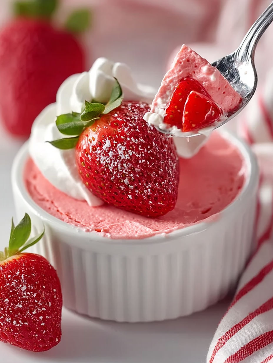 A strawberry dessert with whipped cream and a strawberry on top.