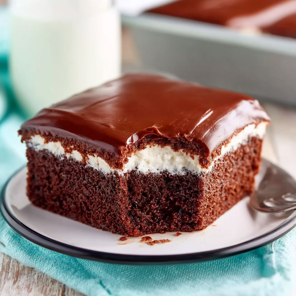 A slice of chocolate cake with white frosting.