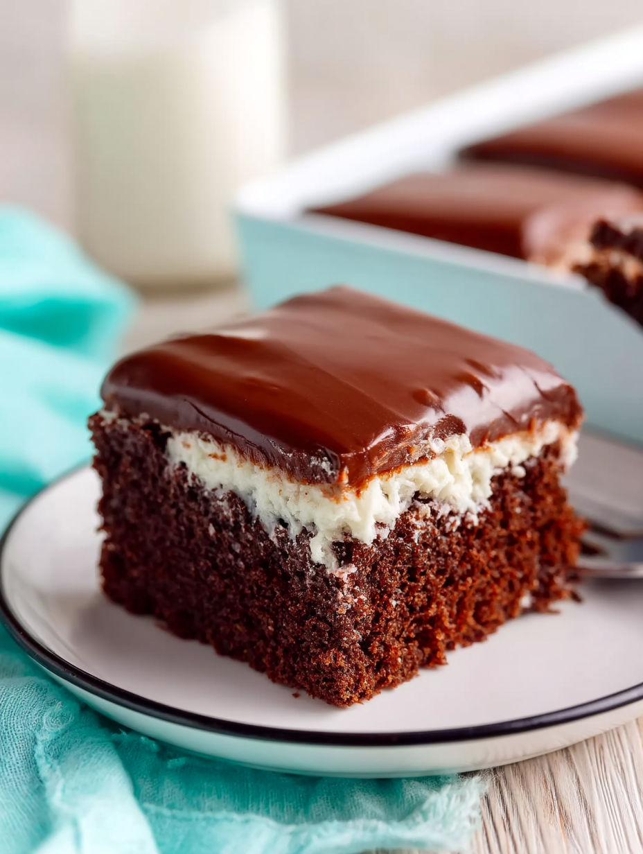 A slice of chocolate cake with white frosting.