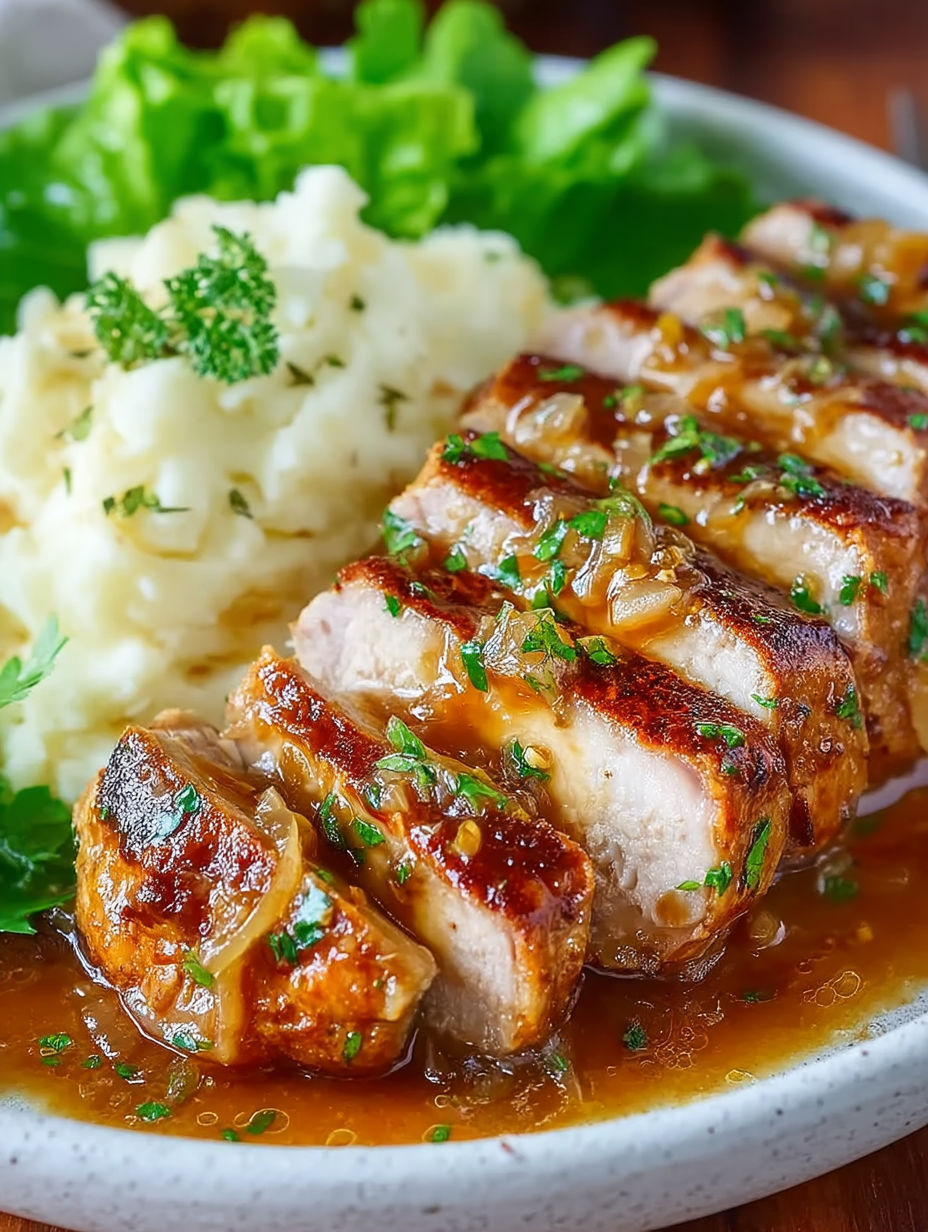 French onion pork chops with mashed potatoes and green onions.