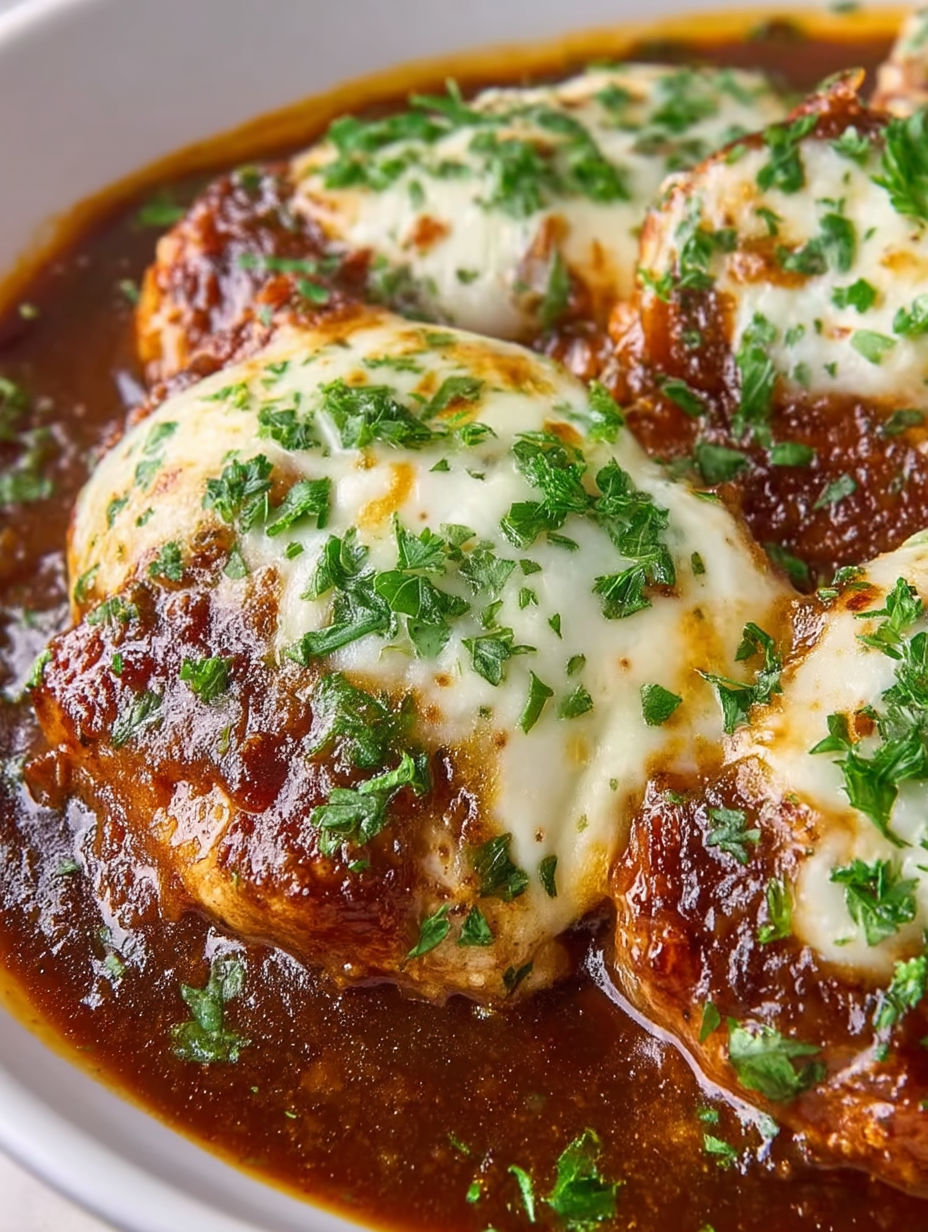 French onion pork chops in a brown sauce.