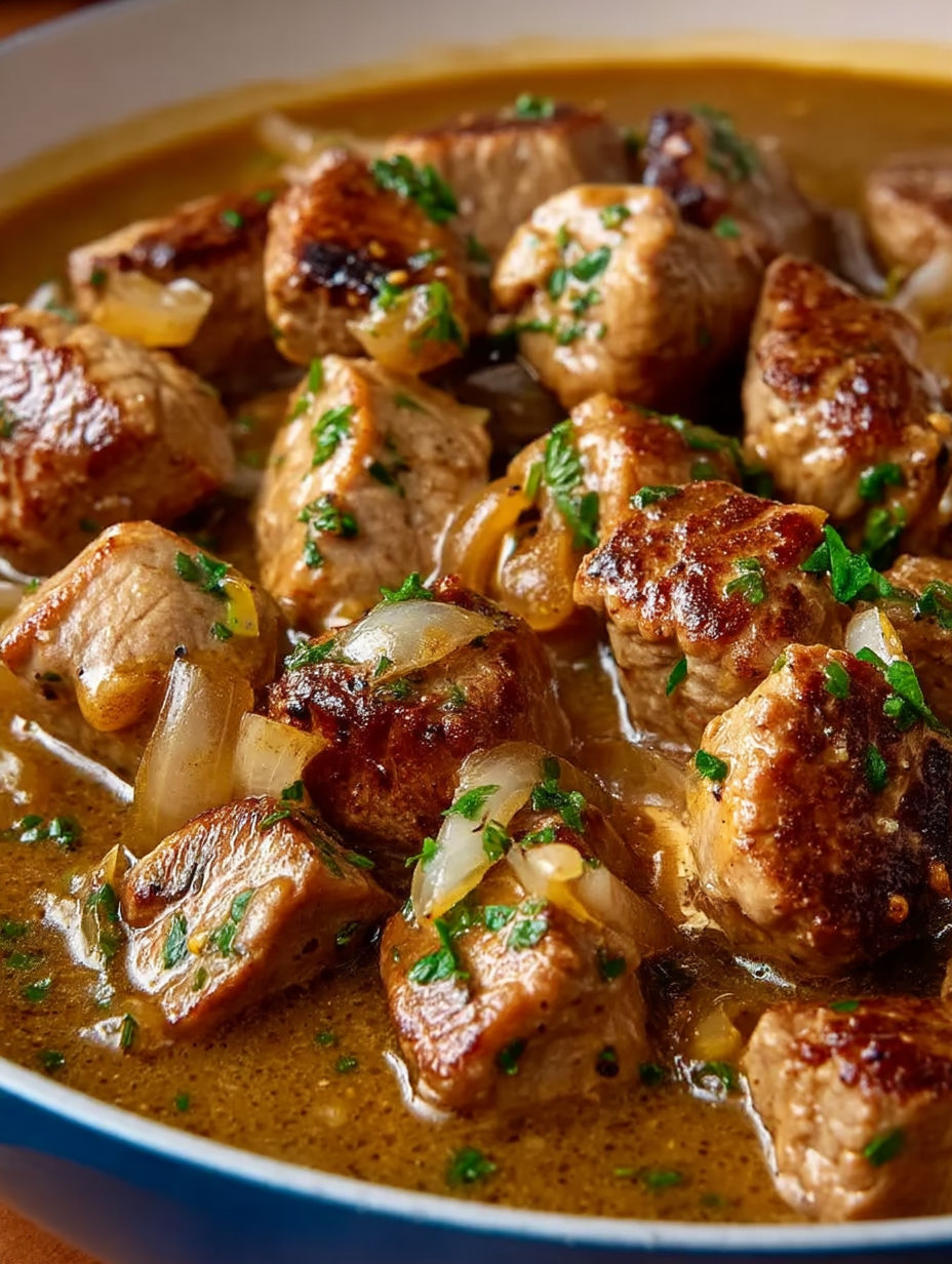 A plate of meat with onions and herbs.