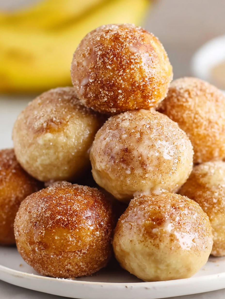 A stack of 2-ingredient air fryer banana donut holes.