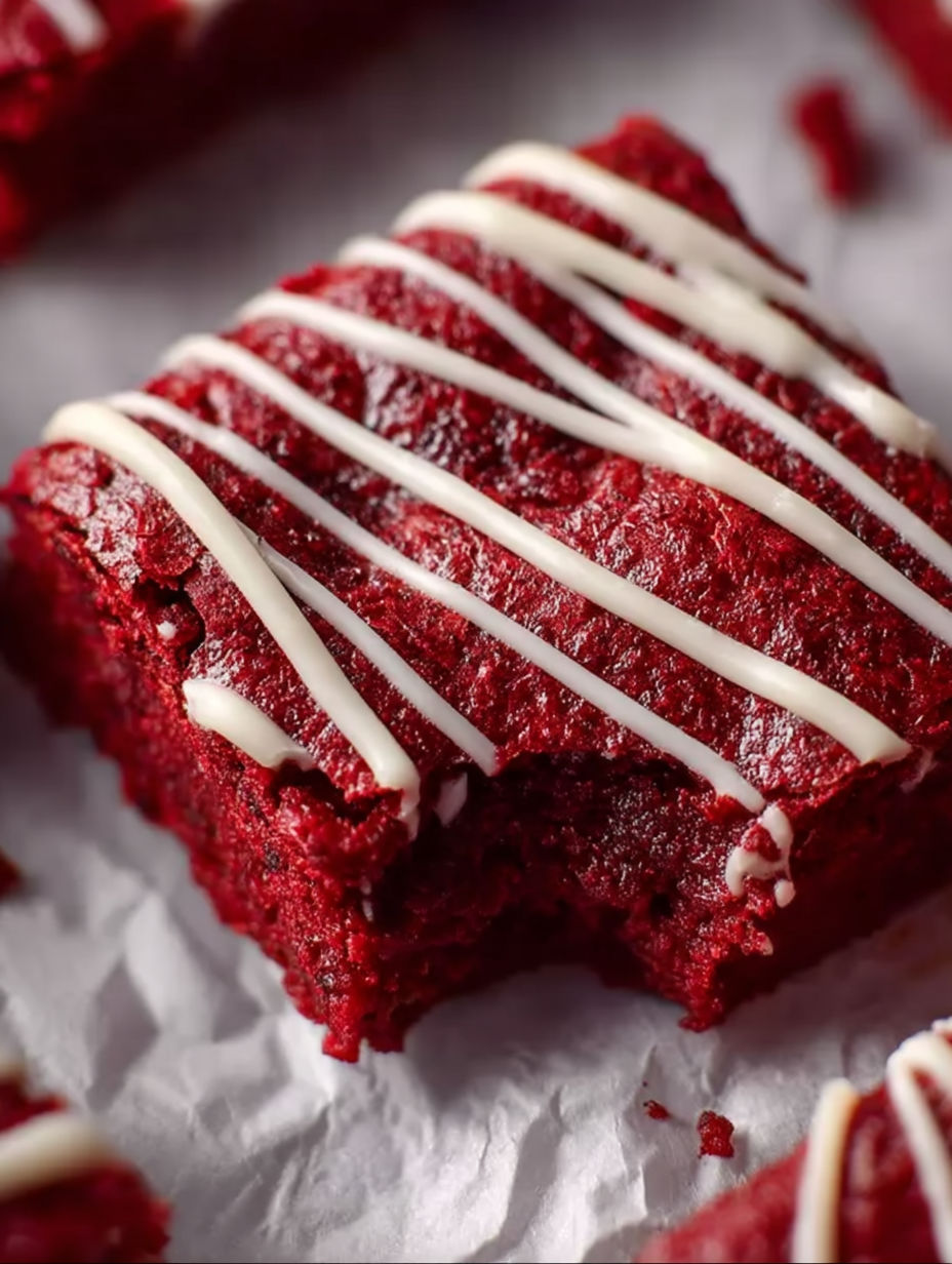 A slice of red velvet cake with white icing.