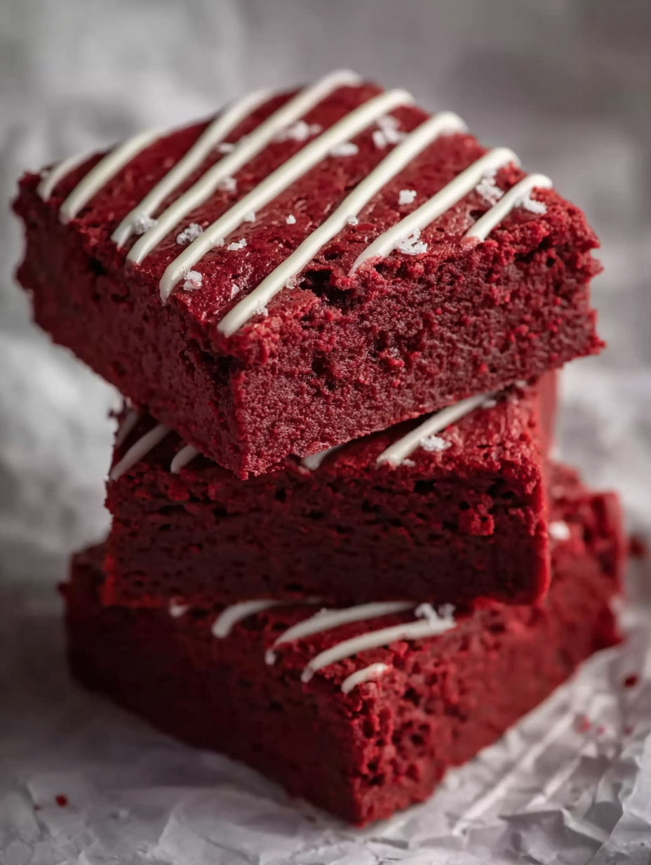 A stack of red velvet brownies with white icing.
