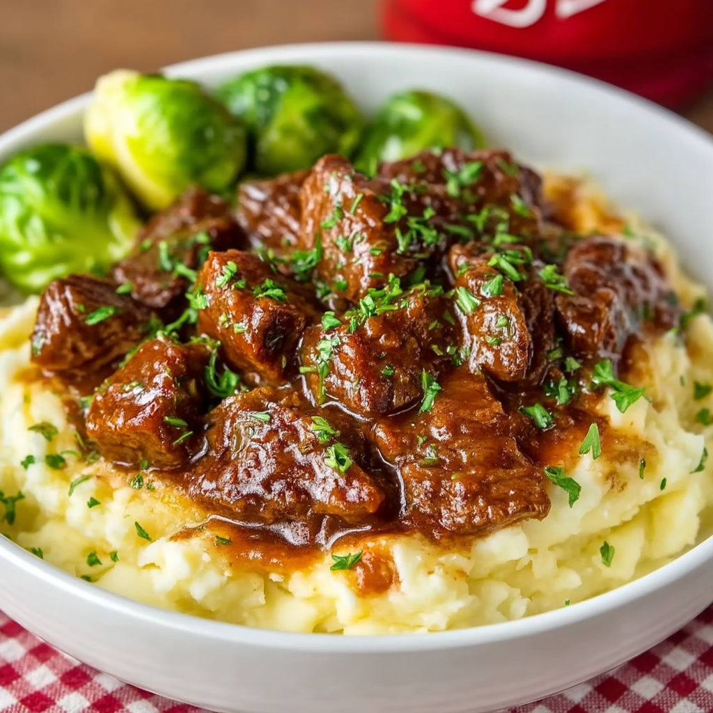 A bowl of beef stew with green onions and brussels sprouts.