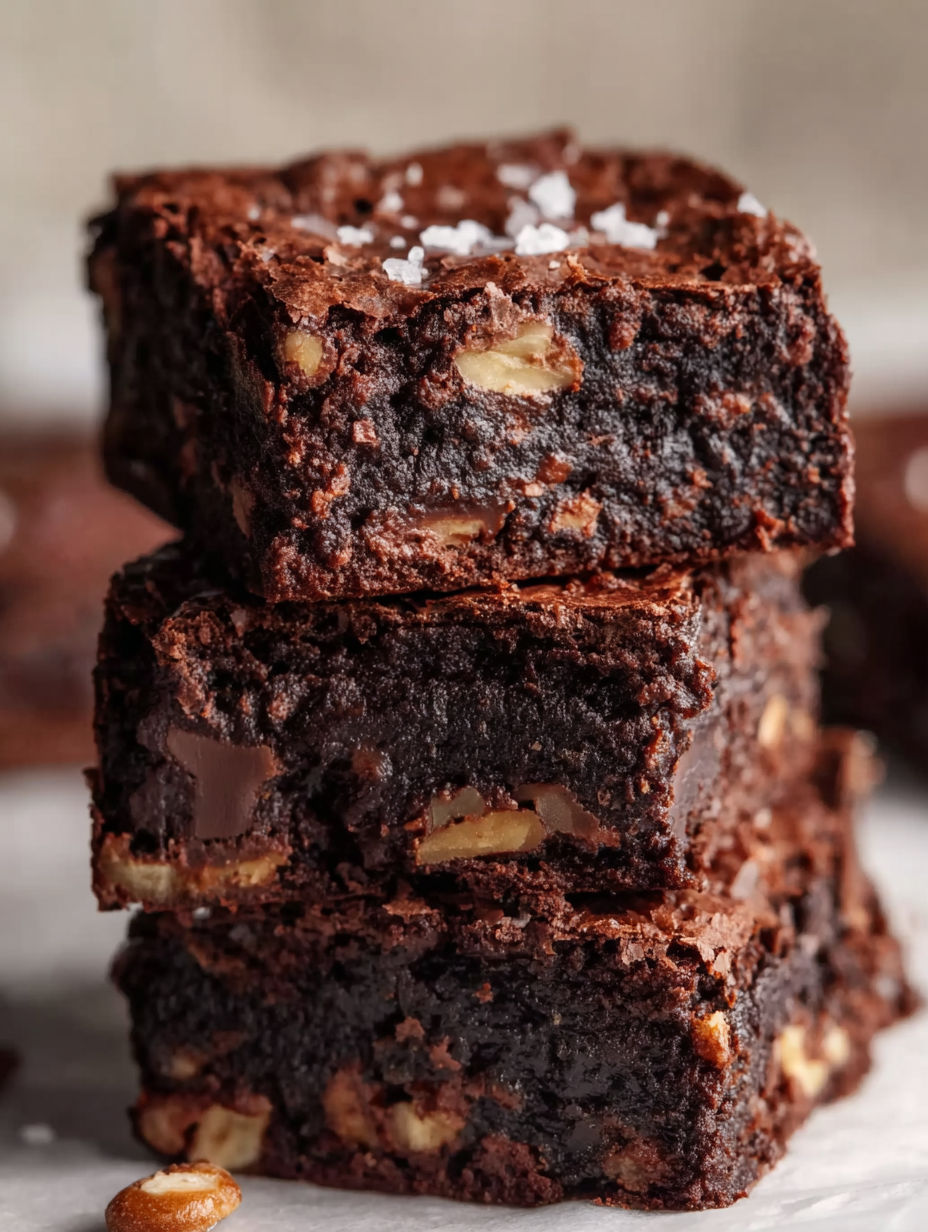 A stack of brownies with nuts on top.