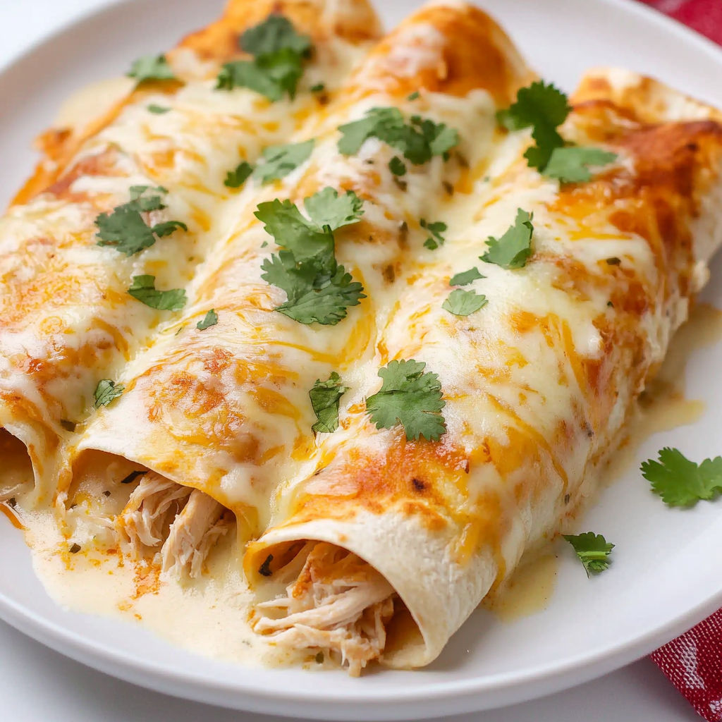 A plate of white chicken enchiladas.