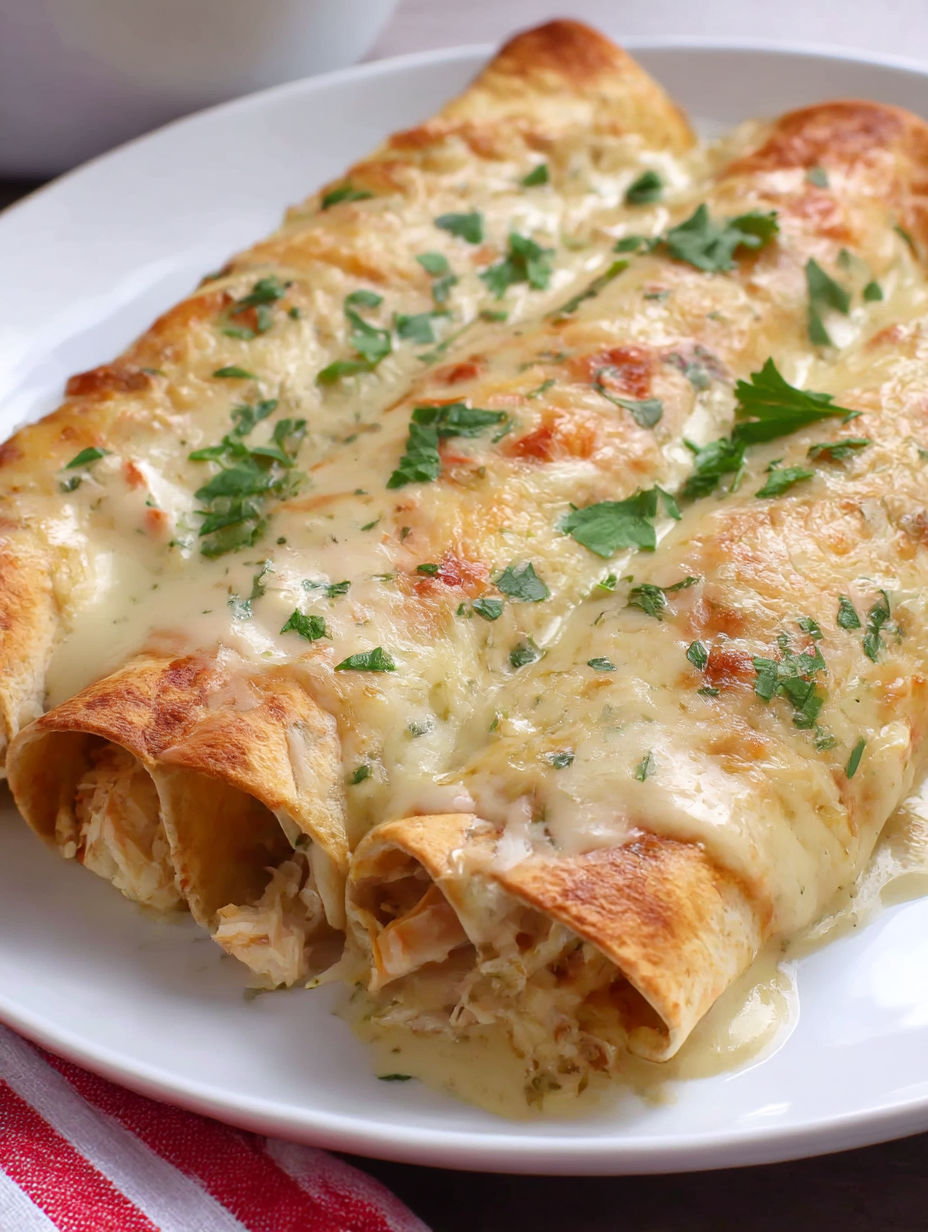A white plate with a white chicken enchilada on it.